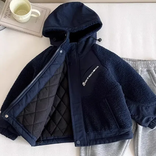 儿童夹棉外套2025冬季新款男童加厚羊羔毛连帽夹克中小童保暖棉服