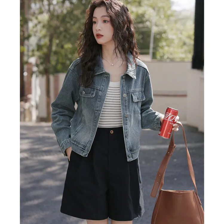 韩版休闲百搭翻领牛仔短外套女2025秋季新款复古气质显瘦夹克上衣