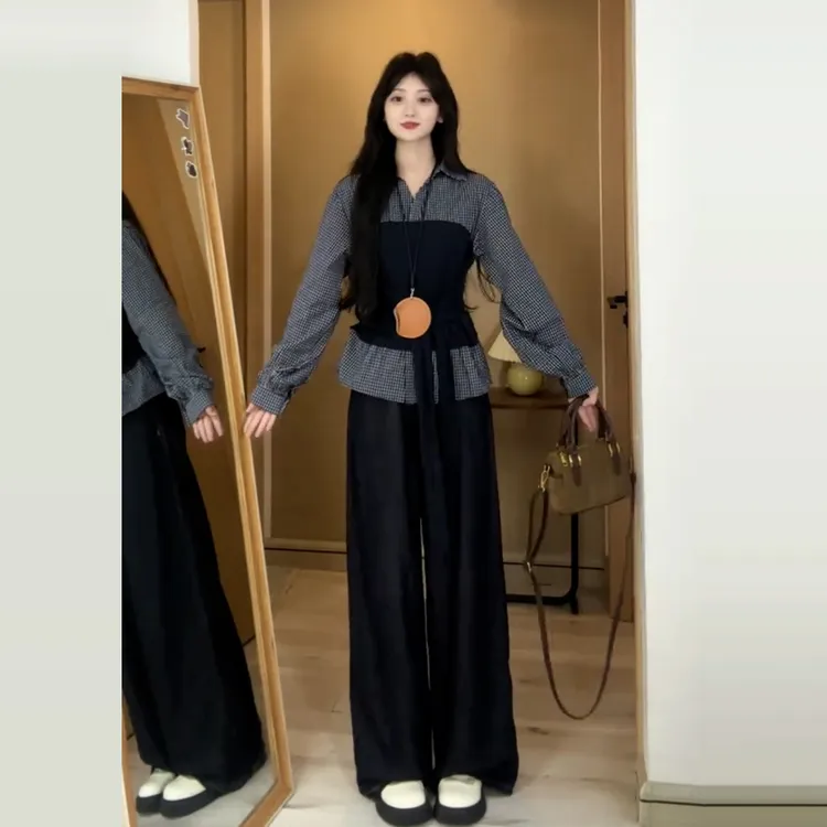 2026新款韩系复古假两件格子衬衫女早秋季设计感衬衣收腰绑带上衣