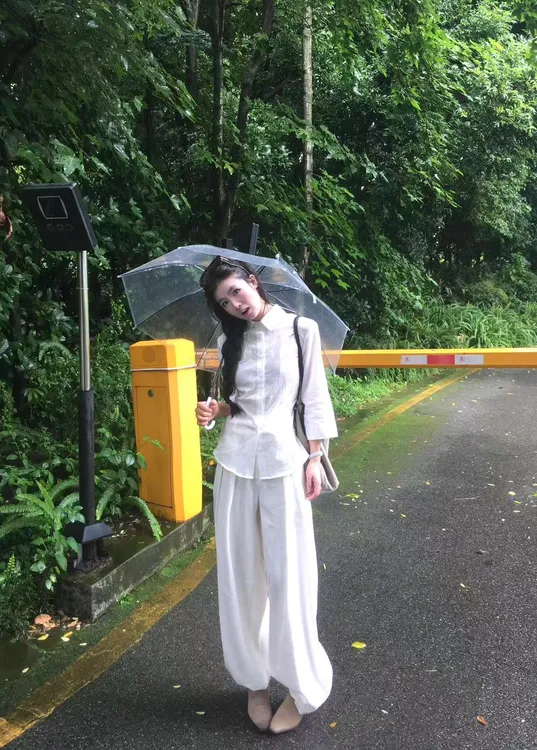 2025夏季新款白色polo领领掐腰长袖衬衫女显瘦休闲裤老钱风两件套