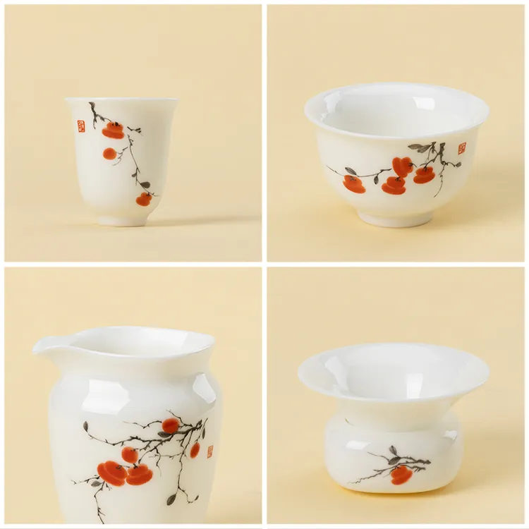 月记窑 “柿柿如意”羊脂玉瓷三才盖碗套组系列单件商品图