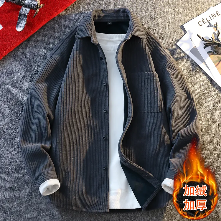 雷丹奴冬季保暖灯芯绒衬衫男士加绒加厚衬衣休闲宽松青年长袖外套