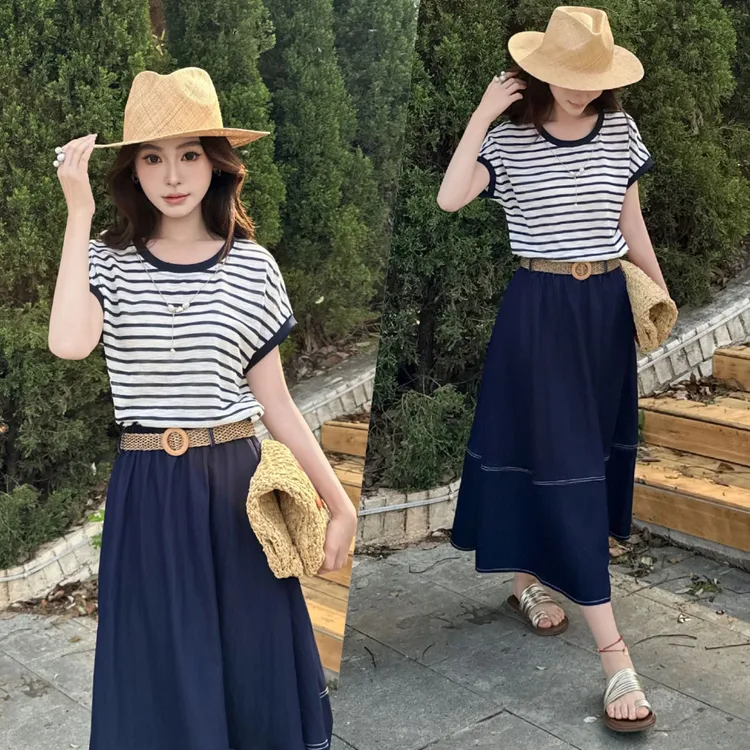 今年流行爆款短袖冰丝T恤a字半身长裙两件套装夏季新款连衣裙761