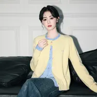 黄色假两件针织开衫女春秋2025新款撞色条纹拼接圆领毛衣外套上衣