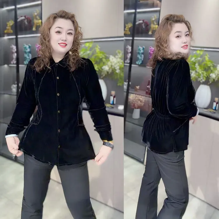 8929（丹姐家）黑色丝绒衬衣穿钻高端时尚气质修身显瘦大码上衣