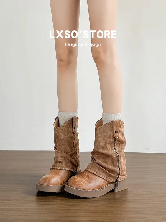 真皮西部牛仔靴女新款复古中筒百搭英伦风骑士靴新疆旅行马丁靴子