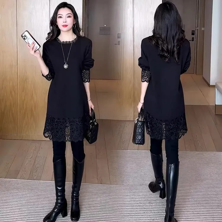 时尚中长款针织衫女2025秋冬新款洋气宽松显瘦拼接蕾丝钩花打底衫