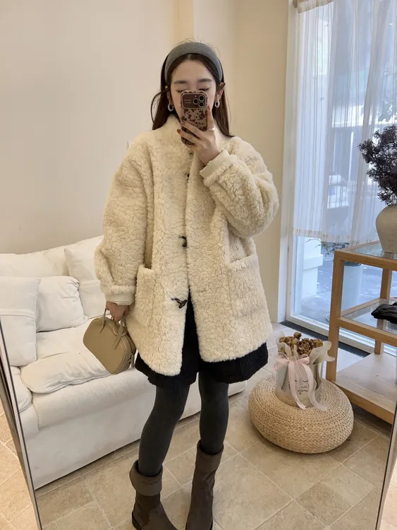 【ZZ ROSE年货款皮毛】冬季韩系中长款皮毛外套长袖毛绒牛角扣女
