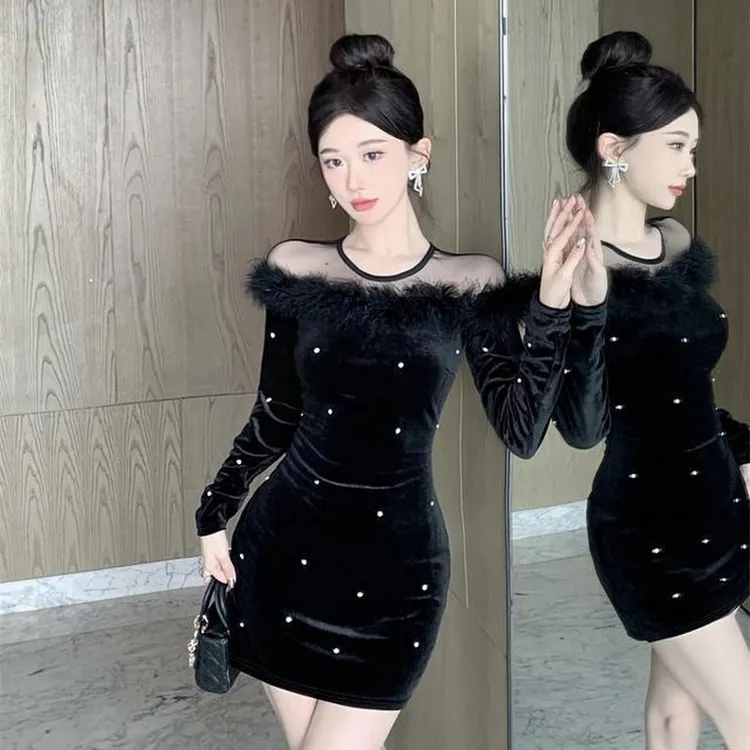 珠毛毛秋冬潮新款一字肩包臀钉气质连衣裙高级感丝绒网纱拼接