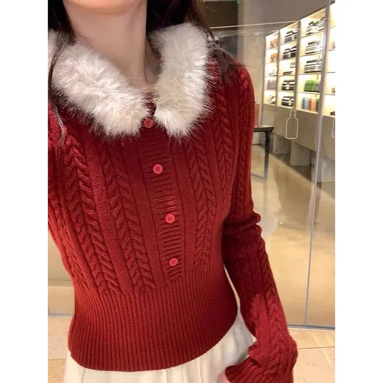 冬季休闲风毛毛领拼接修身麻花针织衫女显瘦百搭舒适减龄长袖上衣