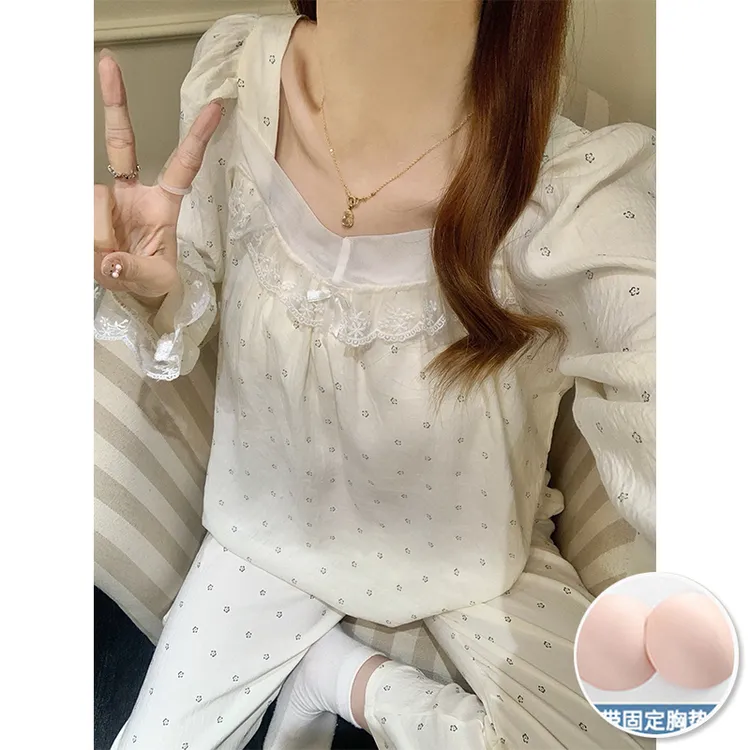 秋冬季新款睡衣女云朵棉蕾丝长袖长裤带胸垫甜美家居服套装可外穿