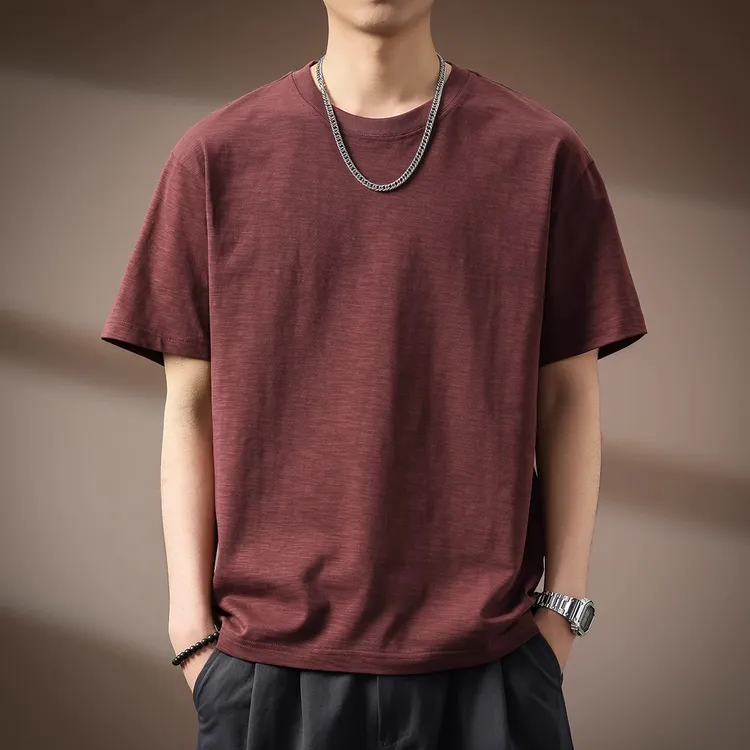 高端日系简约竹节棉T恤男夏季潮牌宽松圆领休闲纯棉复古短袖体恤