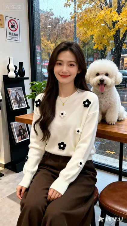 时尚圆领花朵宽松针织百搭长袖毛衣套头毛针织衫女气质网红白色