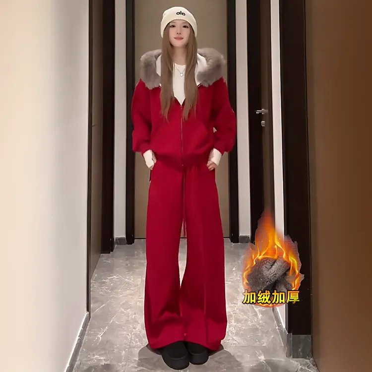 拉夏贝尔加绒加厚休闲套装冬季新款大毛领连帽开衫阔腿裤两件套
