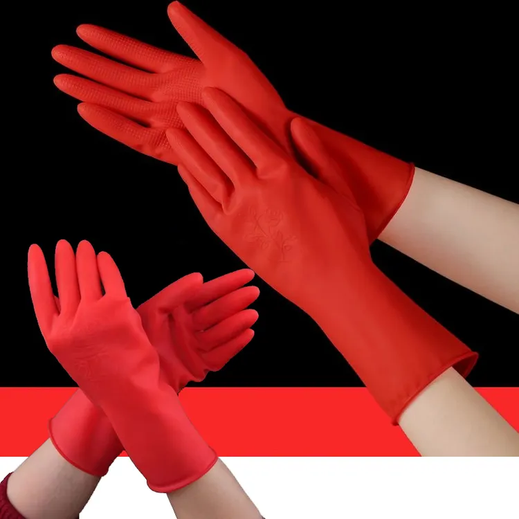 乳胶手套防水洗碗家务手套柔软家用暖手套耐磨女款防油红色贴手套