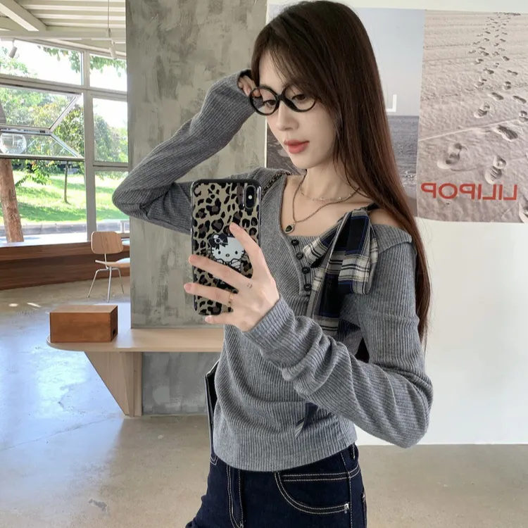 灰色不规则蝴蝶结露肩T恤女装秋季小众修身春女士中领打底T恤