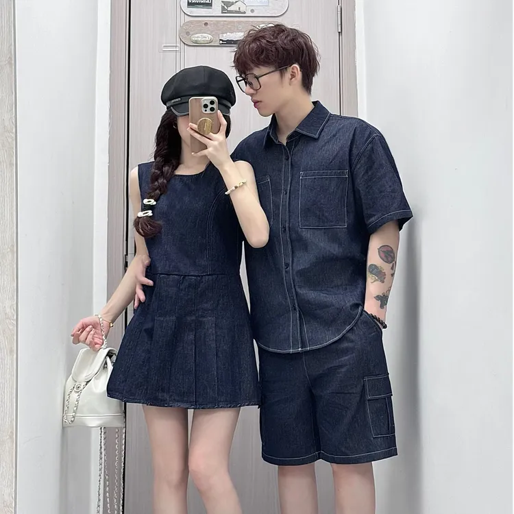 情侣装夏季小众设计感宽松休闲复古牛仔连衣裙ins男衬衫潮