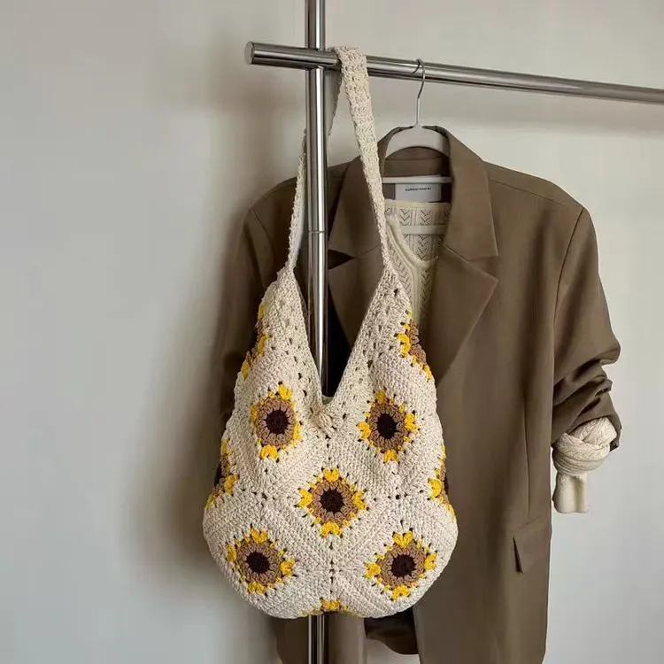 百搭向日葵钩织慵懒文艺森系磁扣内衬单肩水桶包休闲百搭手工包
