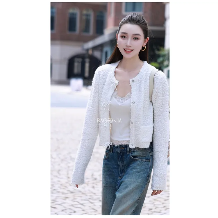 33-宝儿家含幂BV92625308早秋新款蝴蝶结圆领气质时尚小香风开衫