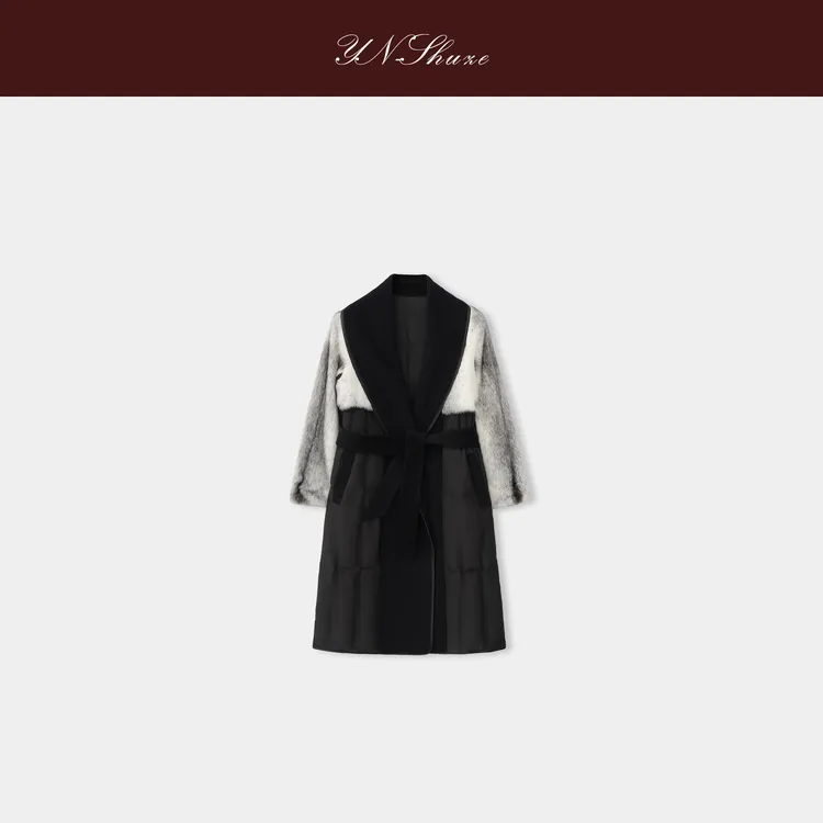 YN-SHUZE冬季超细羊毛白鹅绒银十字水貂毛外套SZ-YNB-21835
