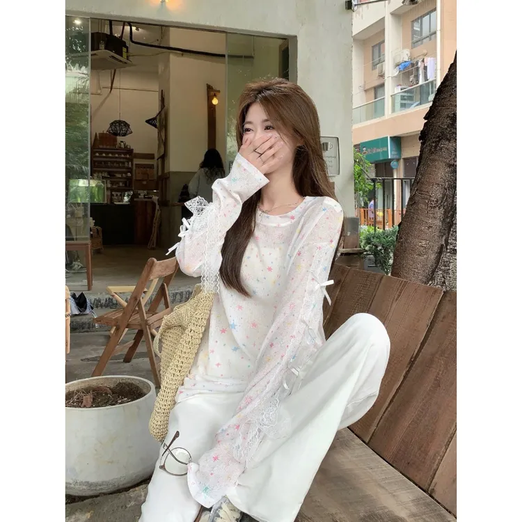 多巴胺星星印花罩衫T恤女春夏小众休闲宽松薄款上衣时尚ins学