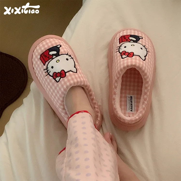 细细条 可爱正版HelloKitty猫棉拖鞋女保暖居家撞色格子冬月子鞋
