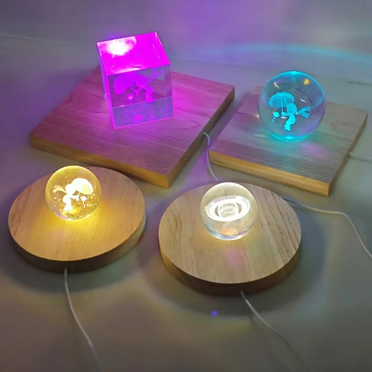 方形/圆形实木发光底座15CM/20CM鱼缸水植LED灯座水晶USB补光灯
