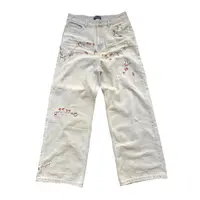 INTOWANG 25FW「火荆果」通体刺绣对位喷色做旧宽松破坏白色牛仔裤