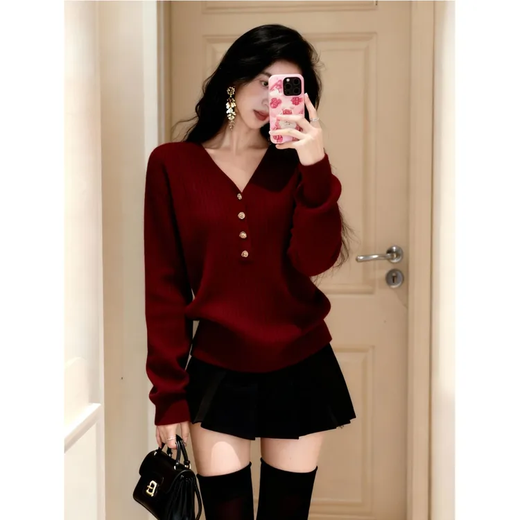 2025冬季新款洋气时髦气质独特别致显瘦漂亮V领长袖毛衣针织衫女