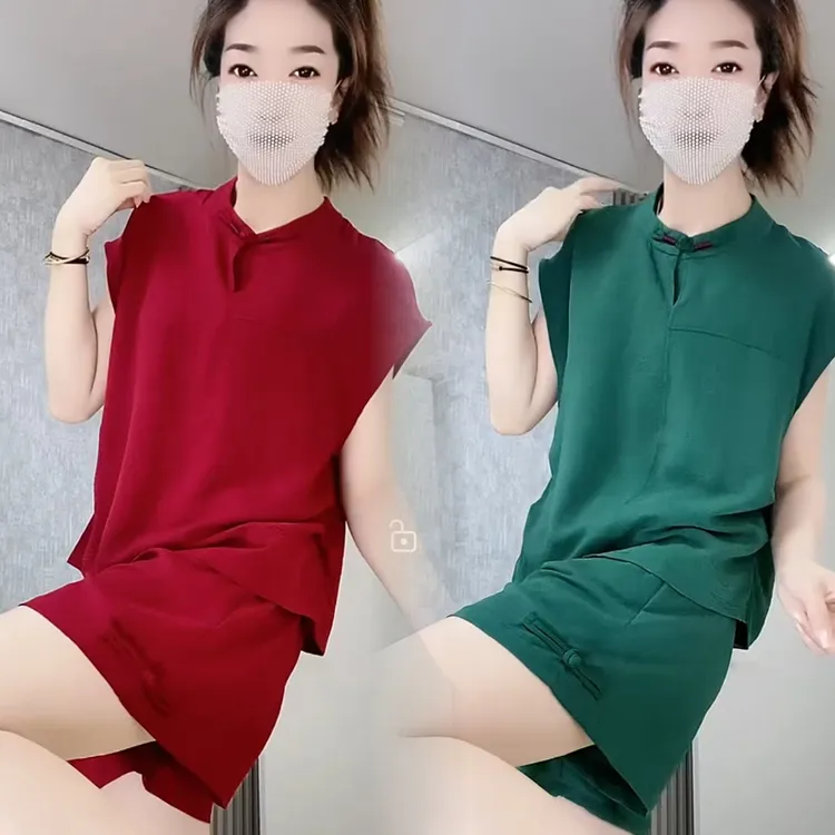 中式休闲套装女2025夏季新款时尚宽松显瘦盘扣短袖上衣短裤两件套