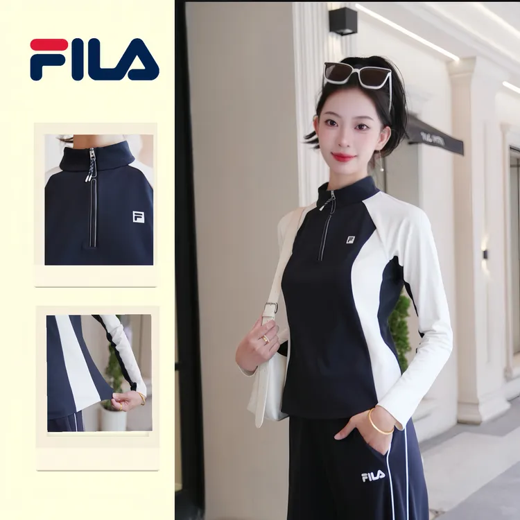 FILA斐乐黑白拼色立领拉链时尚休闲拼接运动款上衣A11W541205F