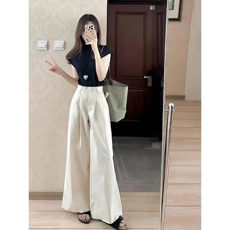 夏季新款慵懒风韩系减龄圆领短袖上衣高腰阔腿裤两件套