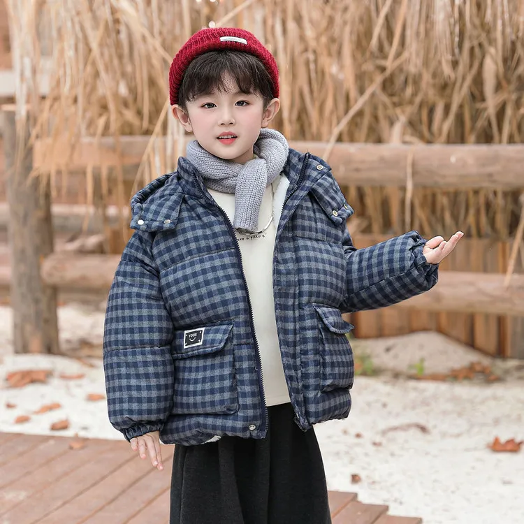 男童秋冬2025冬季洋气加绒加厚格子连帽韩版时尚棉衣保暖儿童棉服
