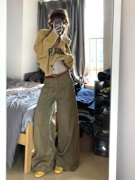 美式复古黄油画分割做旧水洗败叶黄色牛仔裤宽松显瘦设计感阔腿裤