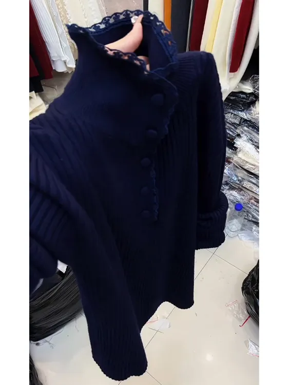 藏青色花边高领半扣针织衫女秋季2025新款软糯百搭显瘦打底衫毛衣
