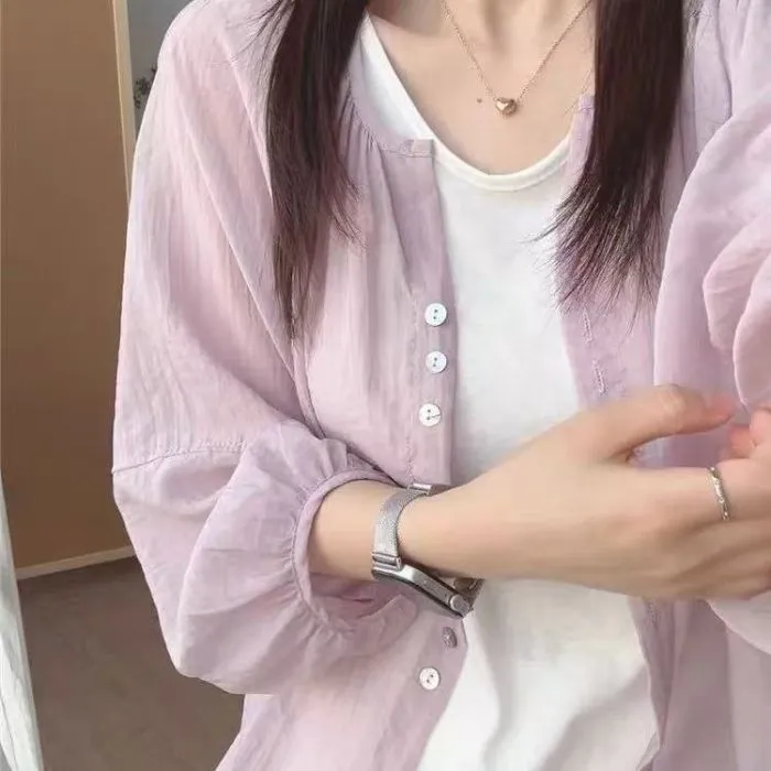 浅紫色薄款衣衬衫女大码夏季外搭亚麻开衫上衣轻薄款罩衫外套