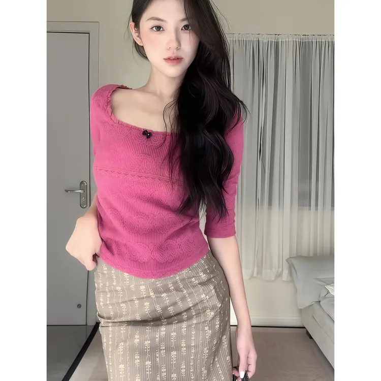 温柔甜美风修身定染花边小方领针织上衣女复古玫瑰提花半身裙套装
