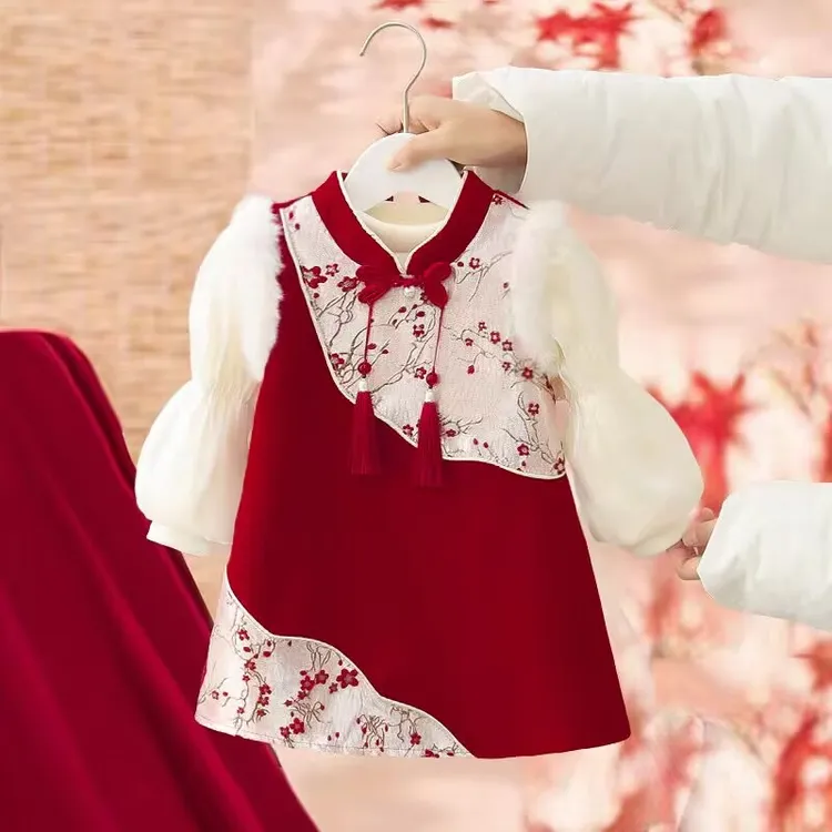 女童汉服连衣裙套装秋冬2025新款宝宝周岁礼服拜年服中国风旗袍裙