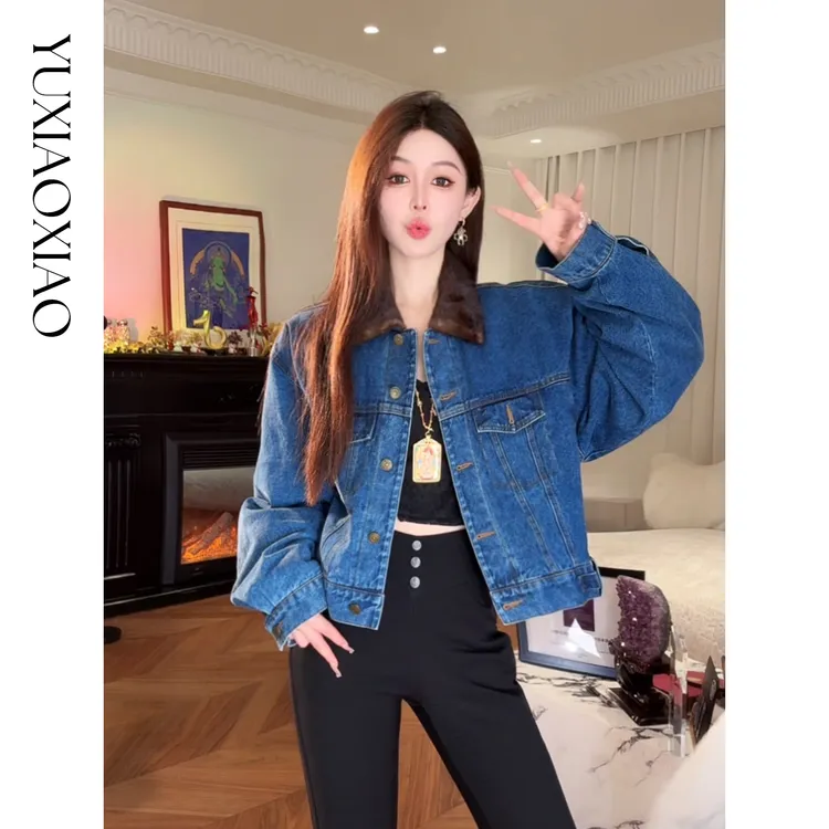 余潇潇【柏林余温】拼接进口咖啡本色貂90鹅绒翻领牛仔羽绒外套