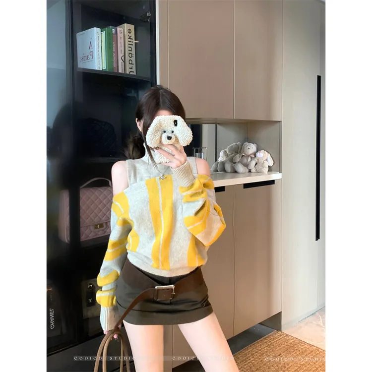 撞色条纹一字领蝙蝠袖毛衣叠穿半高领内搭针织背心韩系御姐套装女