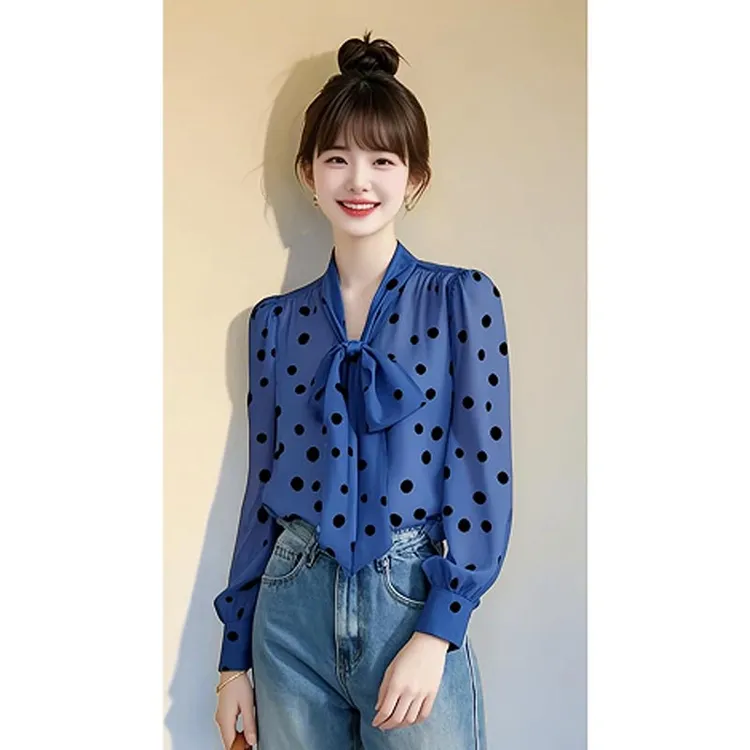 2025夏季韩式新款蝴蝶结领波点设计感时尚衬衫女小众气质百搭上衣