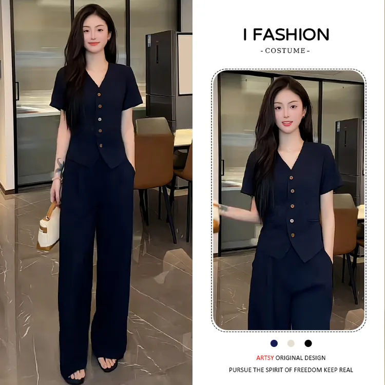 时尚设计感套装女2025夏季新款减龄显瘦v领上衣高腰阔腿裤两件套
