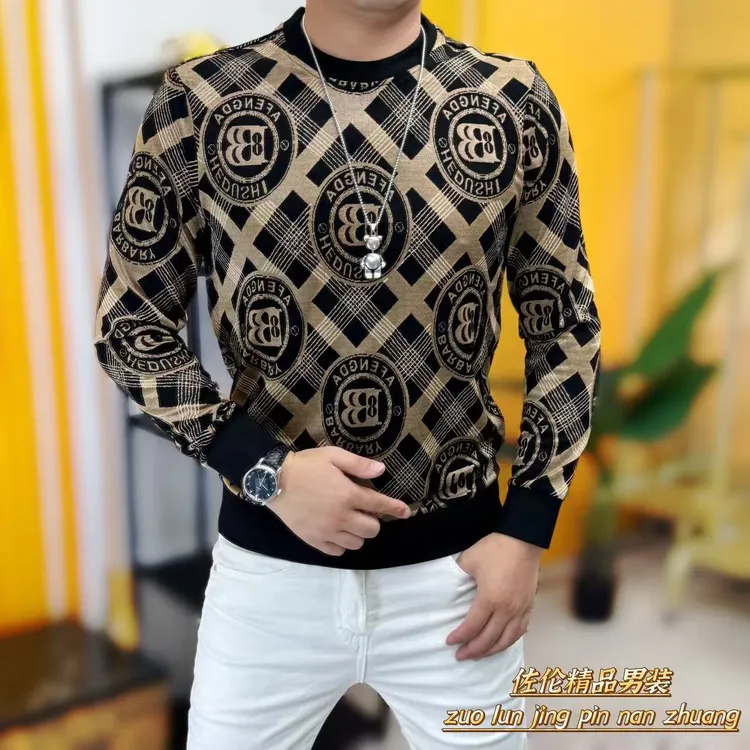25119秋季新款时尚修身个性男士提花长袖打底衫