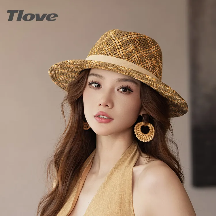6803+tlove春夏新款时尚百搭格纹平沿帽子优雅复古编织女士礼帽