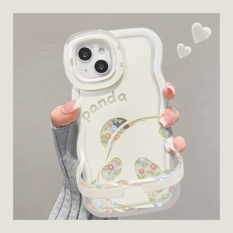 碎花熊猫适用苹果15华为oppo/vivo小米iPhone16板凳双支架手机壳