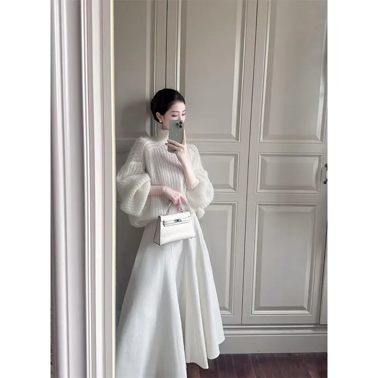 极简风时尚套装秋冬新款针织半高领休闲百搭长袖上衣大裙摆半身裙