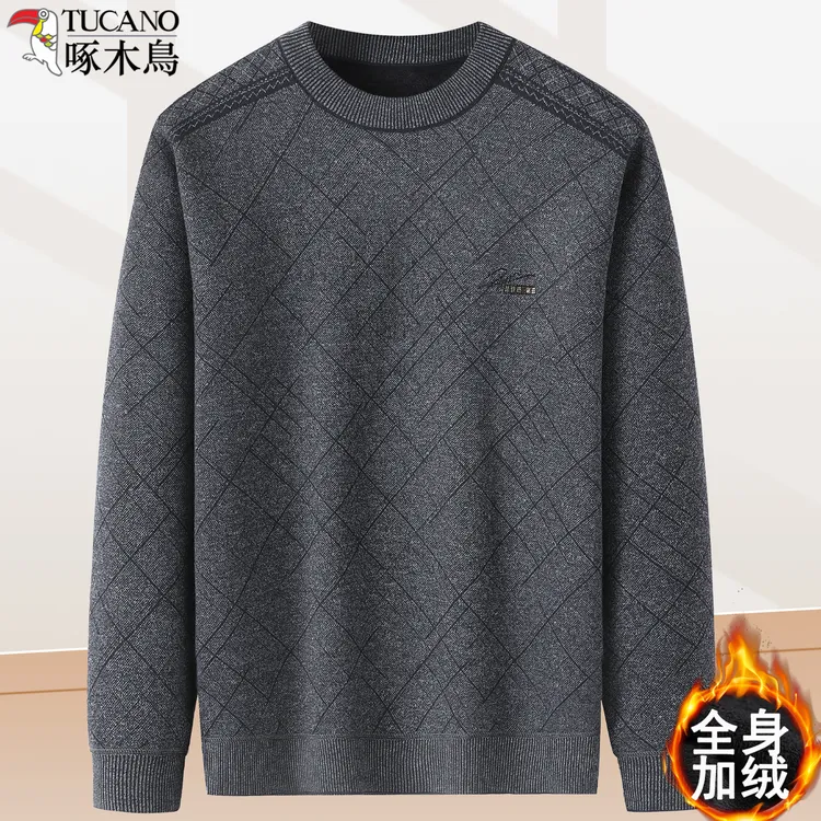 啄木鸟中老年男士提花保暖毛衣爸爸装加绒打底衫圆领秋冬季针织衫