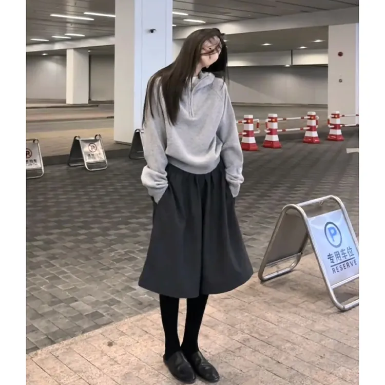 2025早秋新款女韩系穿搭宽松连帽长袖毛衣上衣气质高腰显瘦阔腿裤