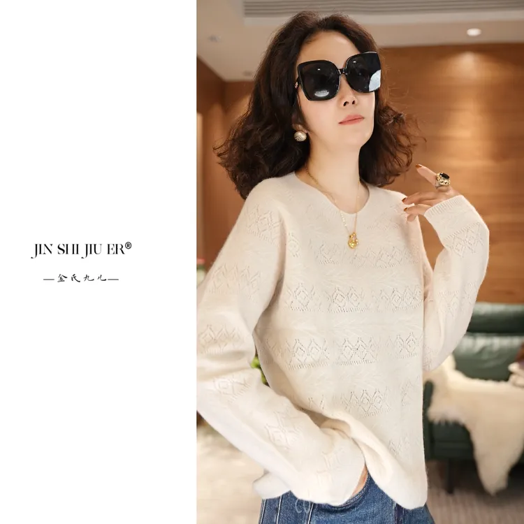 【一线成衣】100羊毛纯色镂空圆领针织衫气质百搭羊毛衫套头毛衣