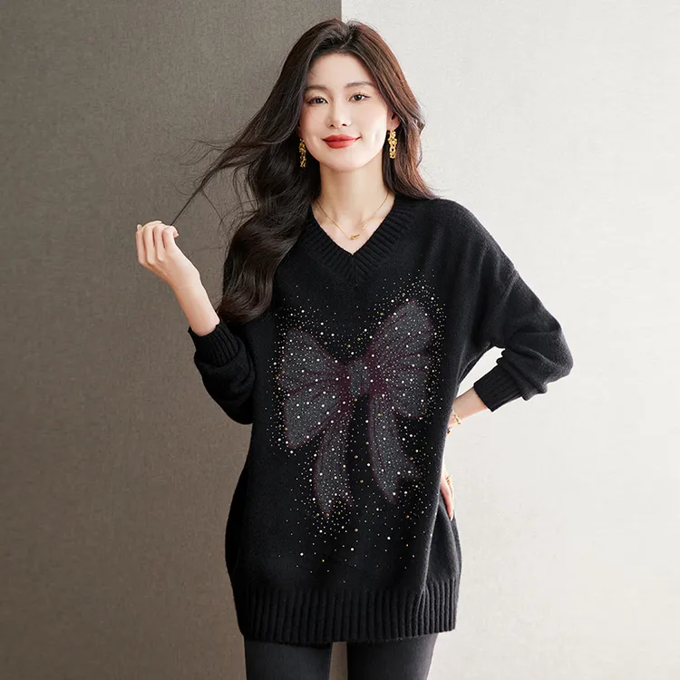 秋冬高级感中长款黑色打底衫女V领外穿内搭针织衫气质百搭上衣
